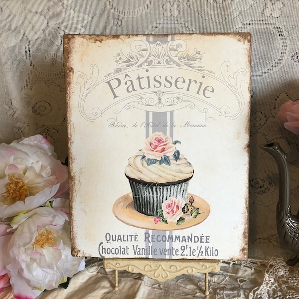 Cupcake, Patisserie, Pink Roses, Shabby Chic Wall Plaque / Sign