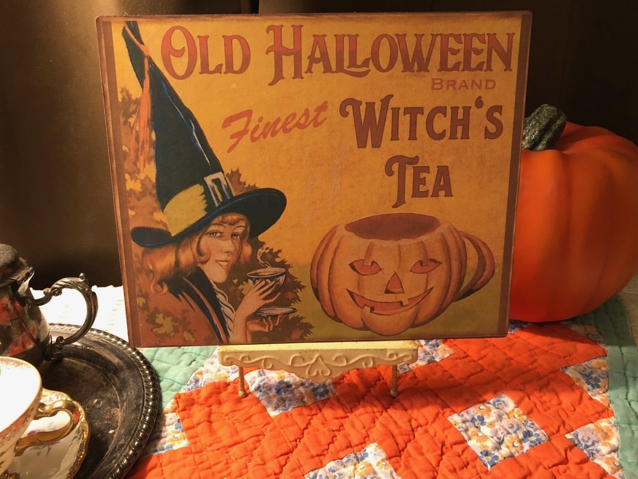 Old Halloween Brand Witch's Tea, Pumpkin, Witch, Vintage Style Halloween, Handcrafted Plaque / Sign
