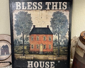 Salt box House, Folk Art, Primitive, Handcrafted Wooden Sign , BLESS THIS HOUSE