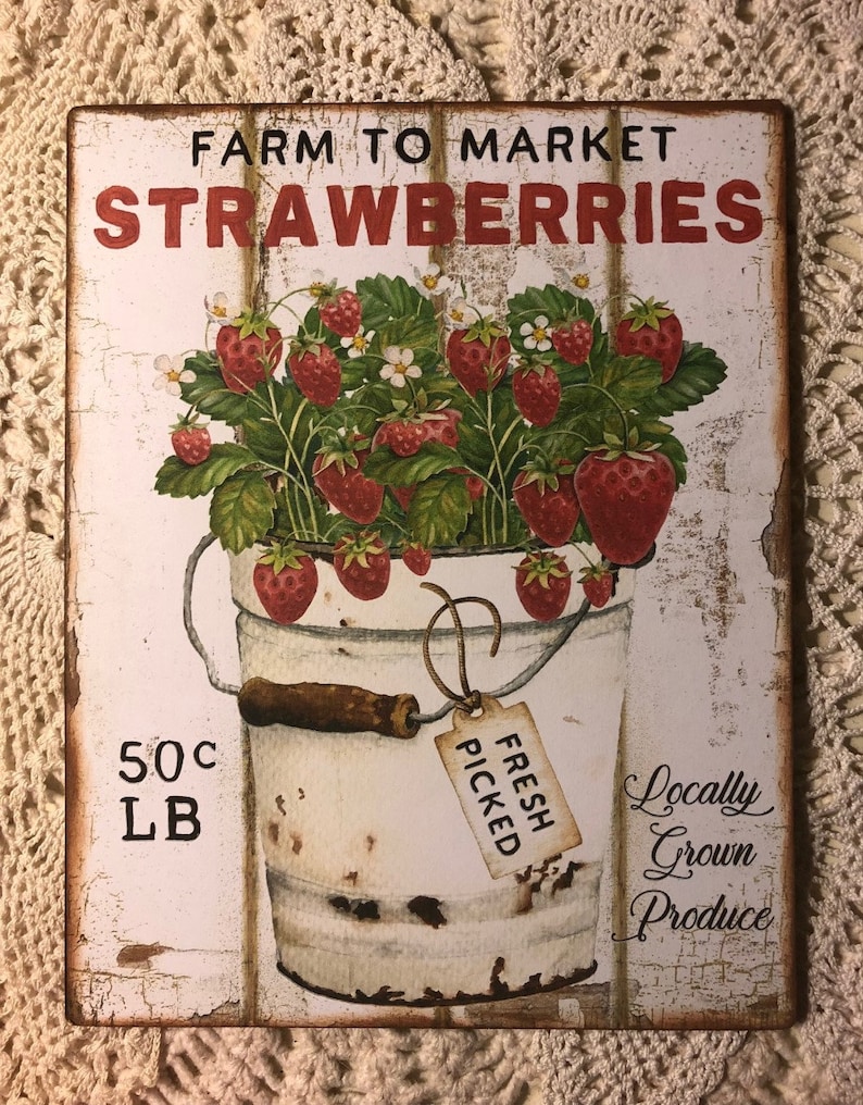 Może przedstawiać: Biały metalowy znak z czerwonym napisem "Farm to Market Strawberries". Znak przedstawia vintage'ową ilustrację wiadra przepełnionego czerwonymi truskawkami i zielonymi liśćmi. Wiadro ma drewniany uchwyt i etykietę z napisem "Fresh Picked". Znak zawiera r&oacute;wnież tekst "50c LB" i "Locally Grown Produce".