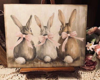 Bunny Rabbits w/ Pink Bows, Handcrafted PLAQUE / SIGN