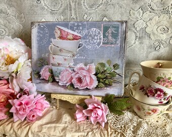 Tea Cups, Pink Roses, Handcrafted  Sign / Plaque