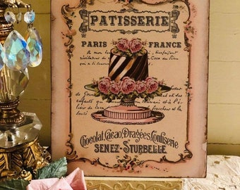 French Cake, Shabby Chic, Vintage Style, Bakery Print, Handcrafted Plaque / Sign