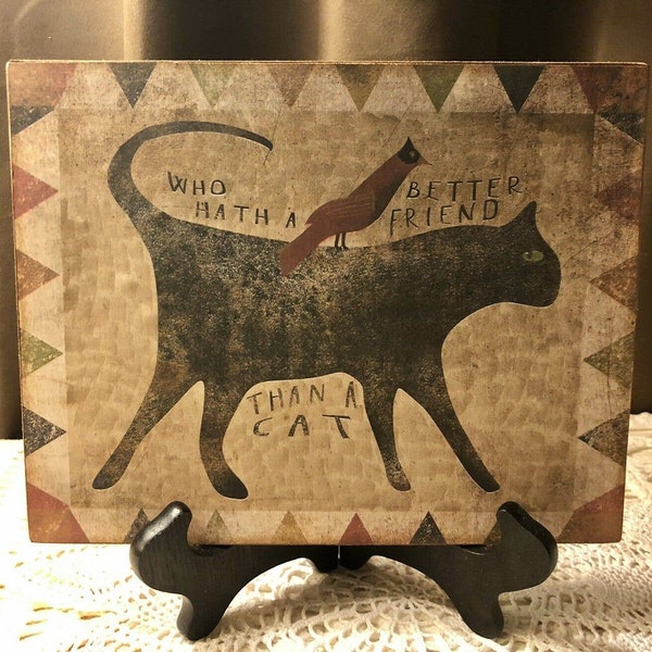 Cat & Bird Friends Primitive Folk Art Handcrafted Plaque / Sign