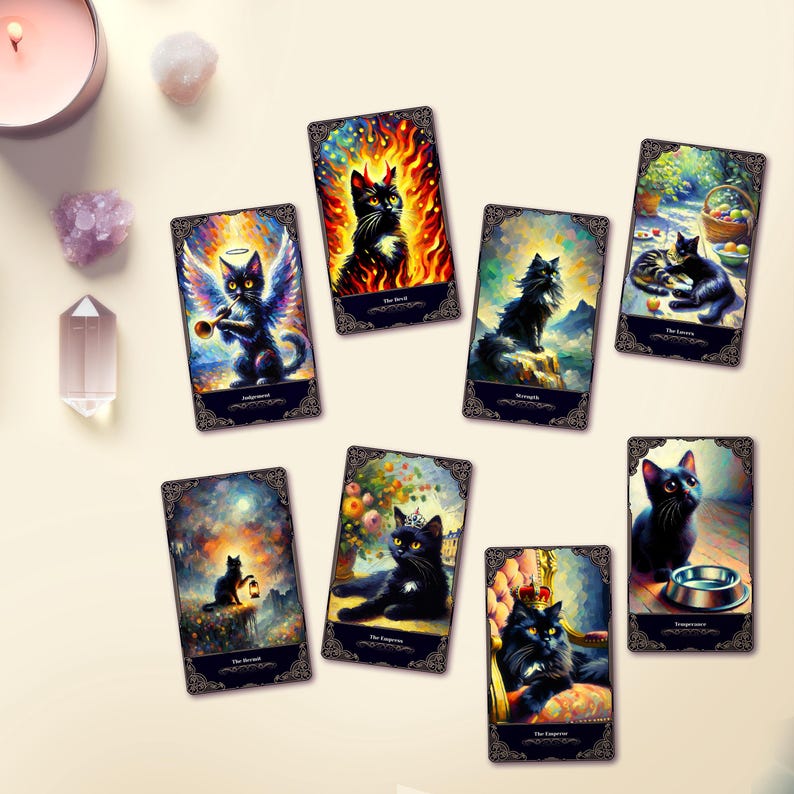 May include: A set of tarot cards featuring black cats in various poses and settings. The cards are illustrated with vibrant colors and intricate details. The cards include The Fool, The Empress, The Emperor, The Chariot, The Hermit, The Lovers, Temperance, and The World.
