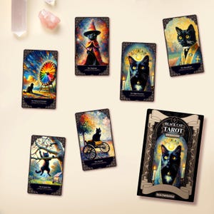 May include: A black cat tarot deck with a black cat on the cover. The deck is surrounded by cards featuring black cats in various scenes. The cards are all in a gold and black frame.