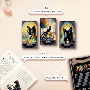 May include: A black cat tarot deck with 22 premium high-quality cards, a 108-page full color illustrated guidebook, and a magnetic book box. The cards feature black cats in various settings, including a forest, a church, and a throne.