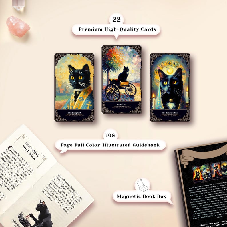 May include: A black cat tarot deck with 22 premium high-quality cards, a 108-page full color illustrated guidebook, and a magnetic book box. The cards feature black cats in various settings, including a forest, a church, and a throne.