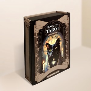 May include: A black box with gold accents and a black cat tarot deck for beginners. The box features a black cat with a white collar and a gold crown, surrounded by a gold frame and a banner that reads "Black Cat Tarot for Beginners". The box is made by Halo Publishing.