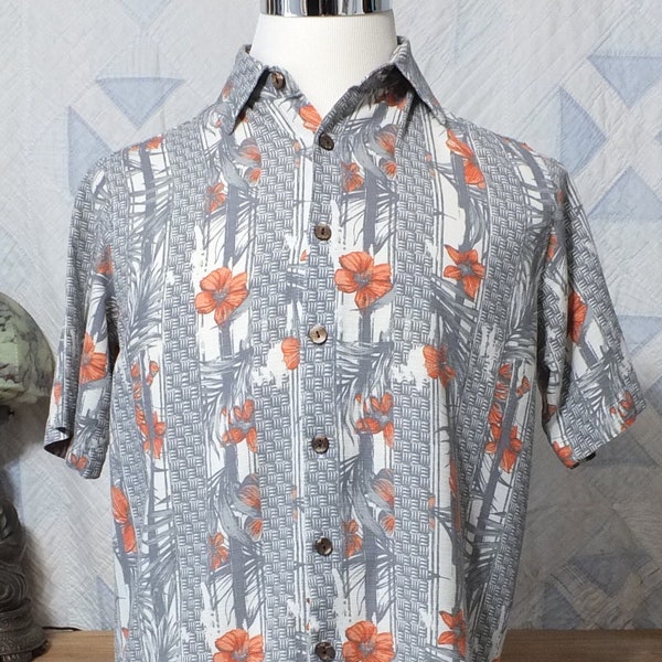 VINTAGE Island Republic - Tropical Men's Silk Shirt - Orange, White and gray - Small