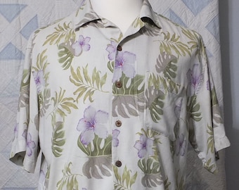 Island Shores washable silk, men's Shirt - hibiscus, tropical flora  -Large - 100% silk VINTAGE