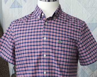 Like new, Lacoste regular fit, men's short sleeve, button down shirt - red white and blue plaid - 100% cotton - Medium