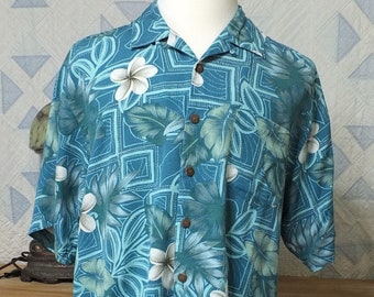 VINTAGE Three Palm Brand -  100% nubby silk, men's Shirt - aqua blues tropical florals - Large