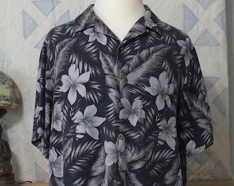 Caribbean Tropical Men's Shirt - Steel blue background with palm fronds & hibiscus - XLarge Tall - Like new