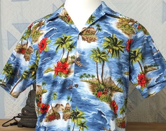 VINTAGE RJC Hawaii - Island scenes & hula girls making leis - Hawaiian Tropical Men's Shirt - Large - 1990s