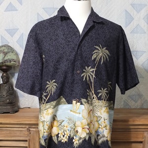 Vintage Winnie Fashion - Hawaiian shirt - Classic band design with water and hibiscus - XLarge