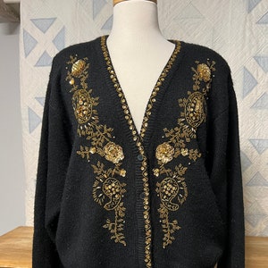 Vintage Alfred Dunner Cardigan: Black & Gold Beaded Sequin Embellishments (Size Large)