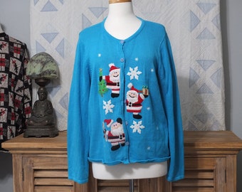 Tiara International Christmas Collection Ugly Christmas cardigan sweater - Aqua blue with Santas  - Size XLarge - 1980s