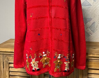 The Quaker Factory Ugly Christmas cardigan sweater - Red with Reindeer - Size Large - 1990s