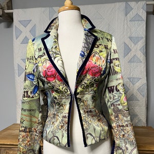 Vintage Boho Chic, satin floral design, fitted jacket - corset back - Size 8