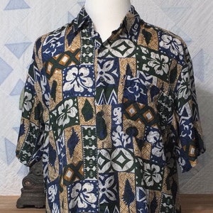 Vintage 80s Silk Shirt: Graphic Print Short Sleeve Button Down, Large