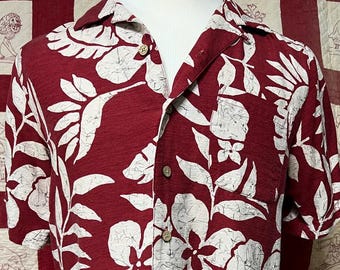 Vintage Batik Bay Silk Tropical Shirt – Burnt Red Bali Graphics, Size Small
