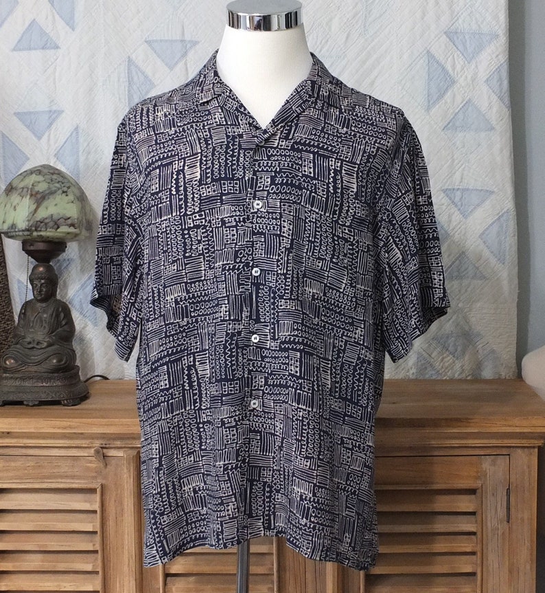 Pre-owned, vintage Brioni Men's Rayon Shirt Navy and sand abstract pattern Medium 1980s image 1