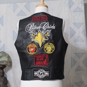 Vintage, USA Leathers, ladies leather biker (cut) vest with patches - Gently worn - Size XXLarge