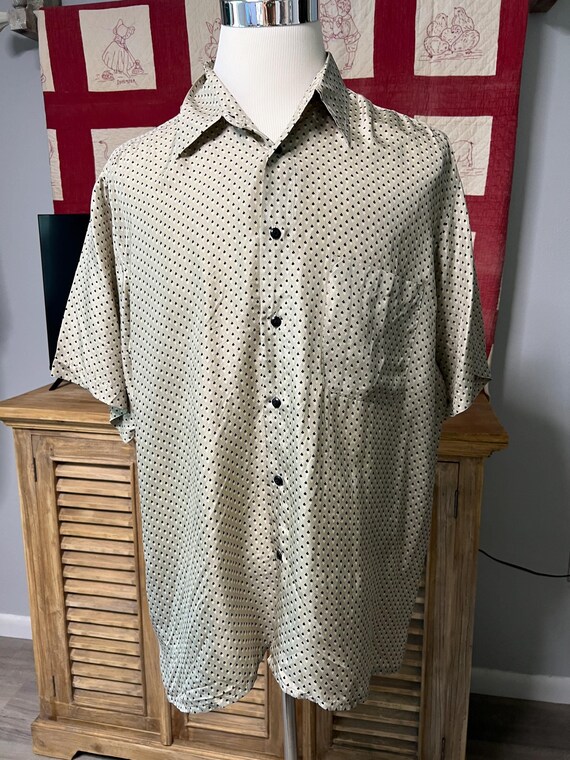 andrew fezza dress shirts Vintage Andrew Fezza Silk Shirt: 1980s Beige Graphic Button-Down (XLarge)