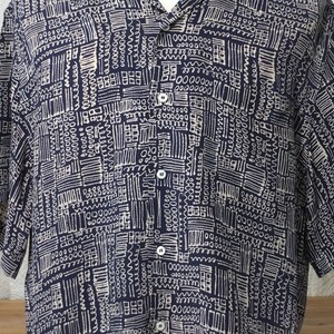 Pre-owned, vintage Brioni Men's Rayon Shirt Navy and sand abstract pattern Medium 1980s image 4