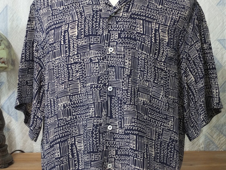 Pre-owned, vintage Brioni Men's Rayon Shirt Navy and sand abstract pattern Medium 1980s image 4