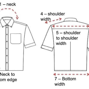 May include: Diagram showing shirt measurement points. The image depicts a front and back view of a short-sleeved shirt. Dashed lines indicate measurement areas, including neck, sleeve width, neck to bottom edge, shoulder width, shoulder to shoulder width, shoulder to sleeve edge, and bottom width.