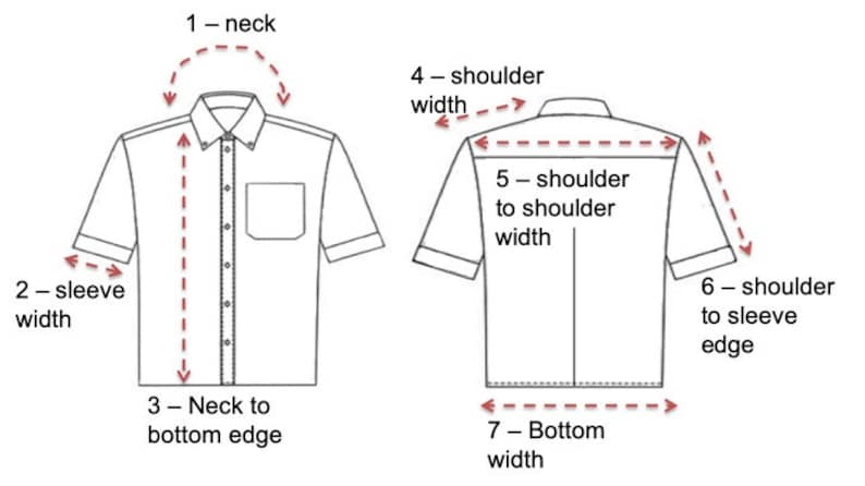 May include: Diagram showing shirt measurement points. The image depicts a front and back view of a short-sleeved shirt. Dashed lines indicate measurement areas, including neck, sleeve width, neck to bottom edge, shoulder width, shoulder to shoulder width, shoulder to sleeve edge, and bottom width.