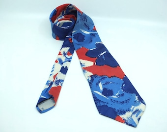 Vintage YSL Silk Tie: 1970s Abstract Red White Blue Design