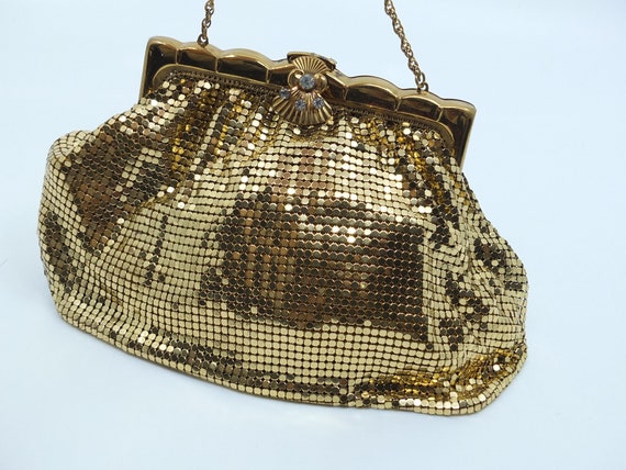 VINTAGE 1940s - Gold wash mesh bag with rhineston… - image 1