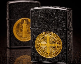 Handgemaakte premium zwart-gouden Sint-Benedictus medaillon aansteker dubbelzijdig