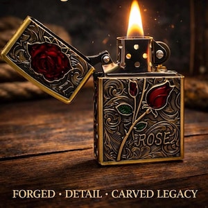 vintage-style lighter featuring a 3D embossed red rose design. image 3