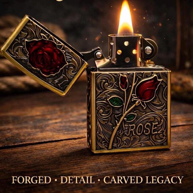 vintage-style lighter featuring a 3D embossed red rose design. image 3
