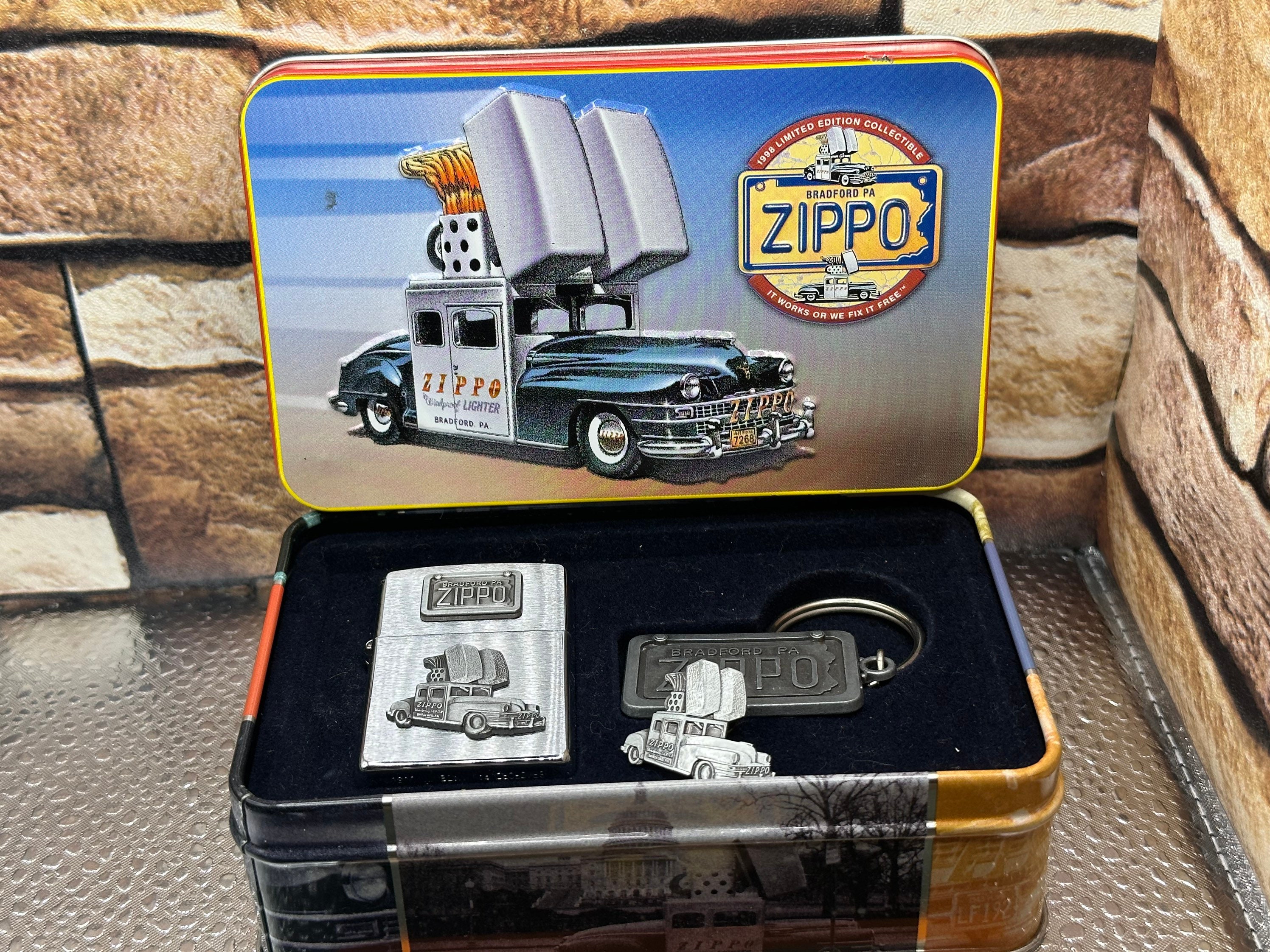 1998 ZIPPO CAR Lighter & Keychain Set Plus Lapel Pin Mint