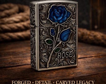 Encendedor de estilo vintage con diseño de rosa azul en relieve 3D.