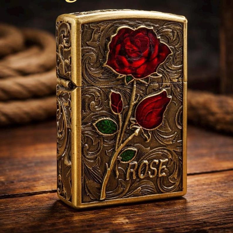 vintage-style lighter featuring a 3D embossed red rose design. image 1