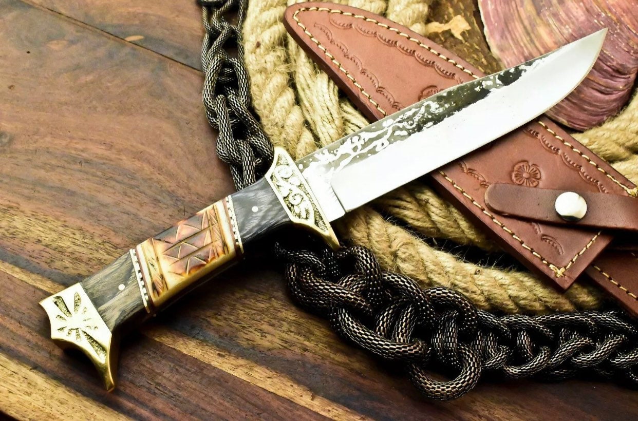 Custom 12” Hand Made D2 Steel Blade Etching Hunter Camping Full Tang Knife | Hard Wood & Burn Camel Bone