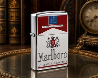 Zeldzame Marlboro dubbelzijdige aansteker Hoogglans verchroomde afwerking Zwaargewicht Nieuw in doos