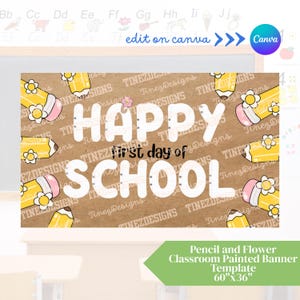 Pencil and Flower Theme Classroom | Teacher Editable Sign | Painted Banner Template