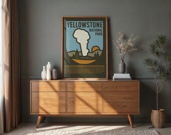 Yellowstone National Park Poster, Old Faithful Minimalist Line Art Print
