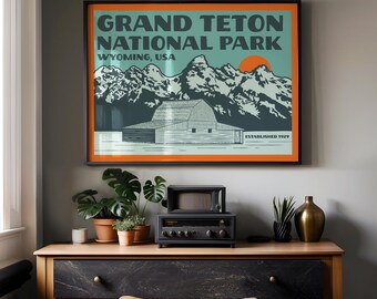 Grand Teton National Park Poster: WPA Style Moulton Barn Art Print