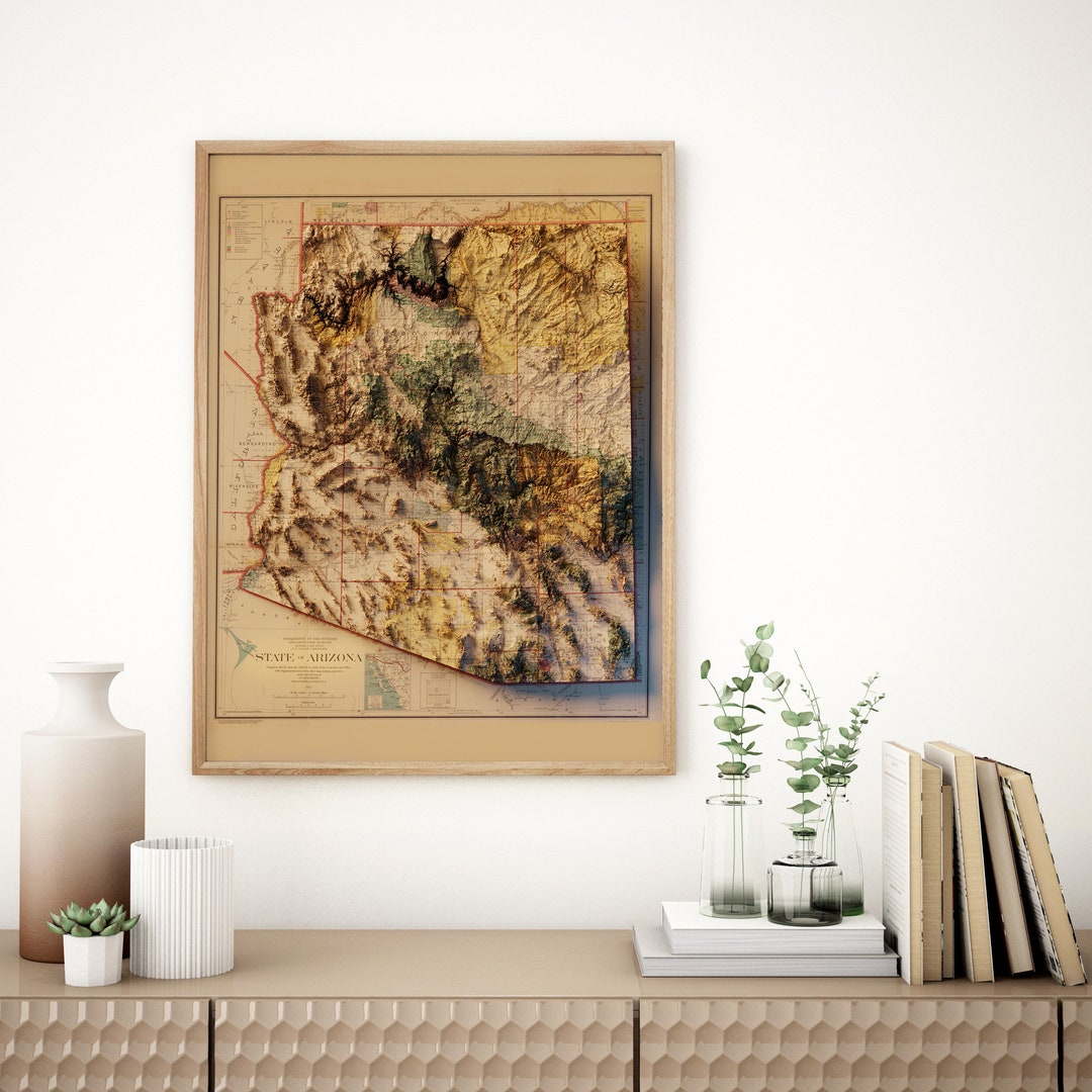 Arizona Map Poster Shaded Relief Topographical Map - Etsy