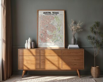 Vintage Austin Texas Poster USGS  Map 1988  | Historic Austin TX Topographic Wall Art Decor