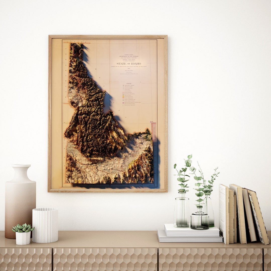 Idaho Map Poster Shaded Relief Topographical Map - Etsy