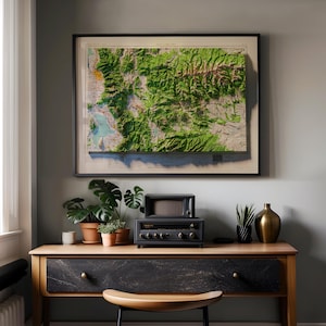 May include: A framed topographical map of a mountainous region hangs above a wooden console. The console features a small vintage-style radio and a television, with potted plants and a decorative vase. The color palette includes greens, browns, and blacks.